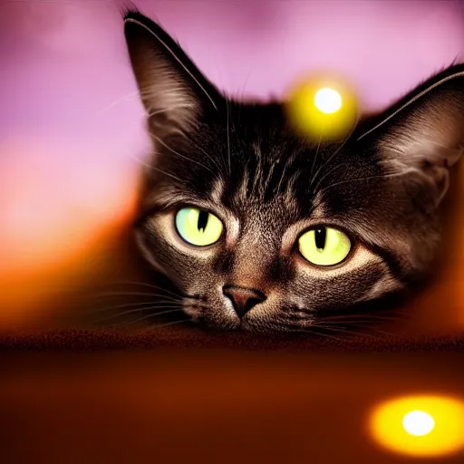 Image similar to cat floating in heavenly cosmic space, dark and magical, shallow depth of field, award - winning 4 k photography