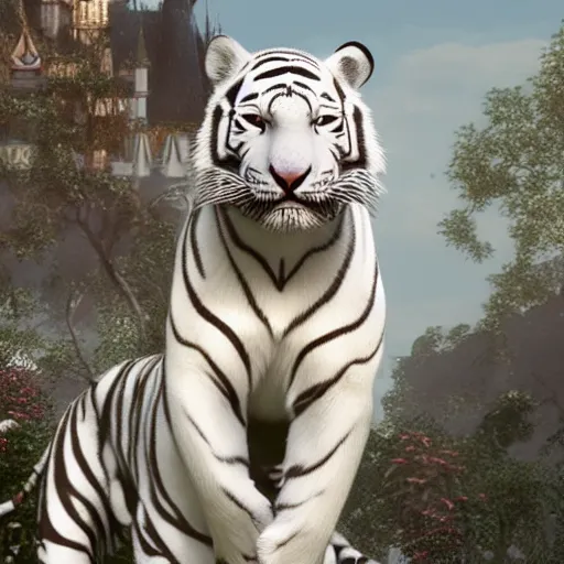 Image similar to a white tiger made of mechanical parts. Extremely detailed, hyperrealistic, unreal engine, Disney, 8k, geometric