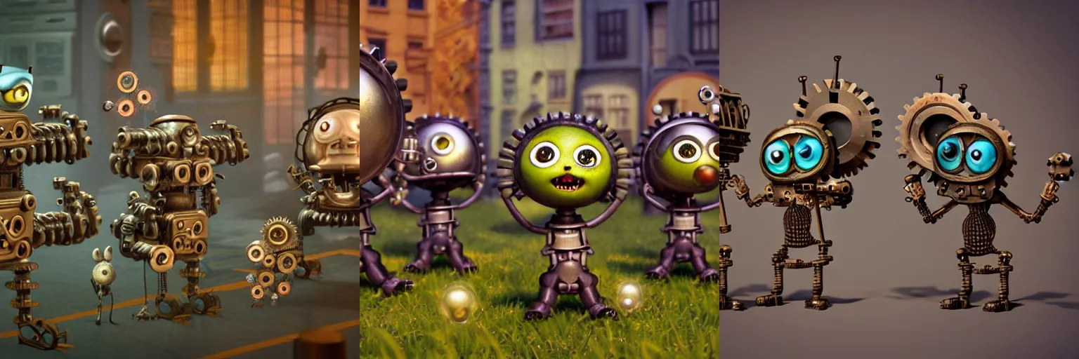 Prompt: several tiny cute DIESELPUNK monsters with cogs and screws and big eyes smiling and waving, back view, isometric 3d, ultra hd, character design by Mark Ryden and Pixar and Hayao Miyazaki, unreal 5, DAZ, hyperrealistic, octane render, cosplay, RPG portrait, dynamic lighting, intricate detail, summer vibrancy, cinematic