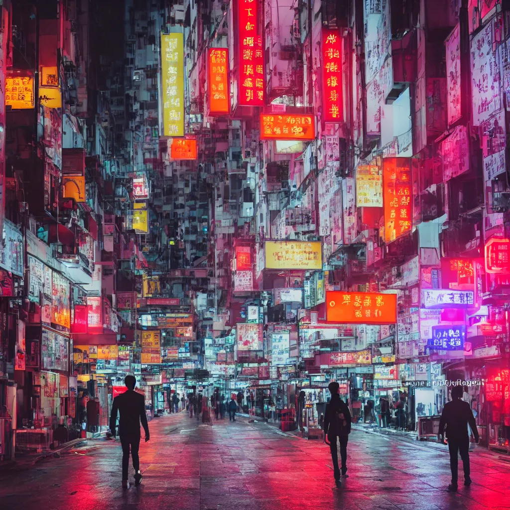 Image similar to a moody 2 0 0 mm photo of of someone walking in a busy street in hong kong at night, neon lights