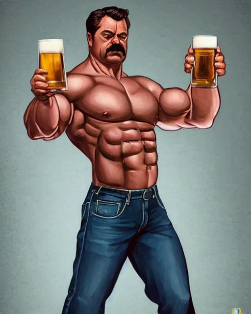 Image similar to gigachad ron swanson bodybuilder holding a pint of beer in final fight kitchen by ilya kuvshinov, ernest khalimov body by krista sudmalis, fantasy character portrait, ultra realistic, concept art, intricate details, elegent, digital painting, smooth, sharp focus, illustration, art by artgerm and greg rutkowski and alphonse mucha, artstation