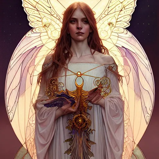 Image similar to Tarot card of an angel girl with glowing halo and highly detailed intricate wings, art nouveau, fantasy, intricate, elegant, highly detailed, digital painting, artstation, concept art, smooth, sharp focus, illustration, art by Krenz Cushart and Artem Demura and alphonse mucha