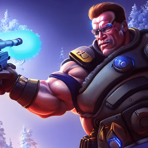 Image similar to a screenshot of arnold schwarzenegger as mei shooting frost gun in overwatch, portrait, fantasy, beautiful face, vivid colors, elegant, concept art, sharp focus, digital art, hyper - realistic, 4 k, unreal engine, highly detailed, hd, dramatic lighting by brom, trending on artstation