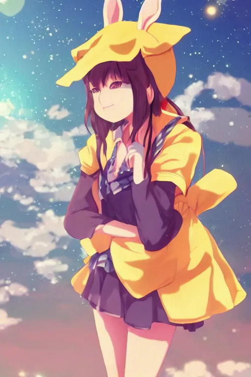 Image similar to Poster of tonemapped Smiling anime girl with bunny hat in the style of Makoto Shinkai and Yun Koga