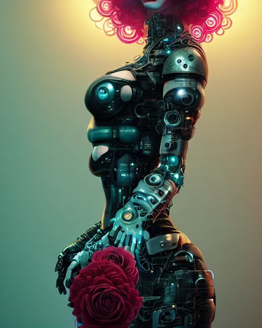 Image similar to portrait of christina hendricks with roses, cyberpunk cyborg. roses, sci - fi, intricate abstract upper body intricate artwork, by tooth wu, wlop, beeple, dan mumford. concept art, octane render, deviantart, greg rutkowski, cinematic arthouse, key art, hyper realism, iridescent accents