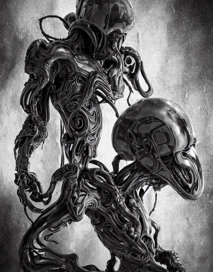 Image similar to engineer prometheus, xenomorph alien, highly detailed, symmetrical long head, smooth marble surfaces, detailed ink illustration, raiden metal gear, cinematic smooth stone, deep aesthetic, concept art, post process, 4k, carved marble texture and silk cloth, latex skin, highly ornate intricate details, prometheus, evil, moody lighting, hr geiger, hayao miyazaki, indsutrial Steampunk