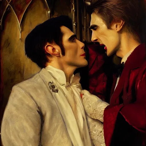 Image similar to attractive male, arthur pendragon confesses his love to attractive male dracula the vampire. highly detailed painting by gaston bussiere, craig mullins, j. c. leyendecker 8 k