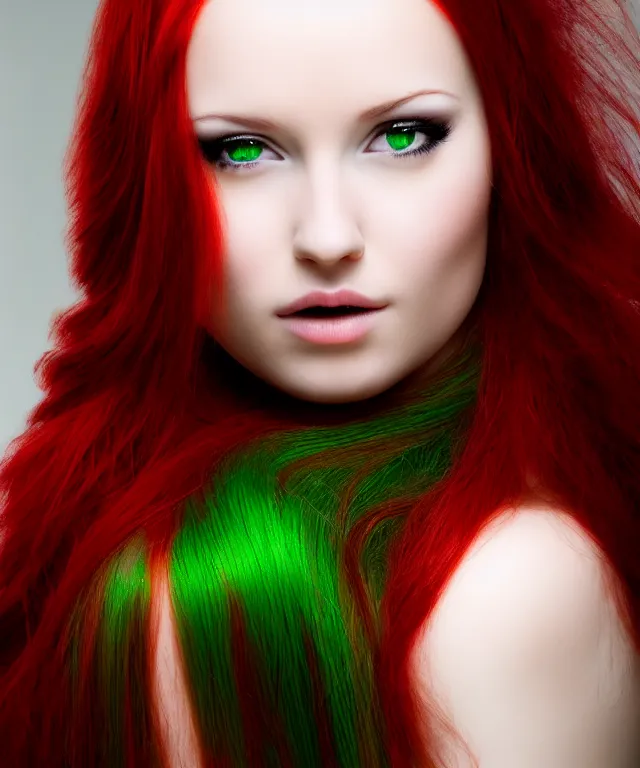 Image similar to Beautiful young woman, Fae, portrait, long red hair, green highlights