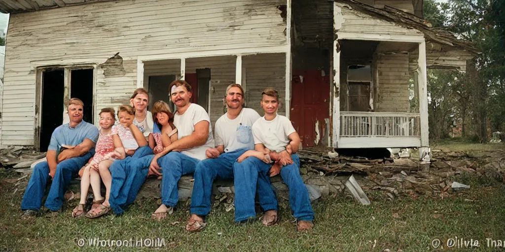 Prompt: photo of white redneck family sitting on front porch of dilapidated house, mid shot portrait, kodak gold 2 0 0,