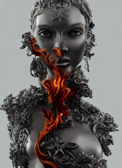 Image similar to sculpture made of flame, portrait, female, future, torch, fire, harper's bazaar, vogue, fashion magazine, intricate, concept art, close up, ornate, luxury, elite, elegant, trending on artstation, by ruan jia, by Kenneth Willardt, by ross tran, by WLOP, by Andrei Riabovitchev,