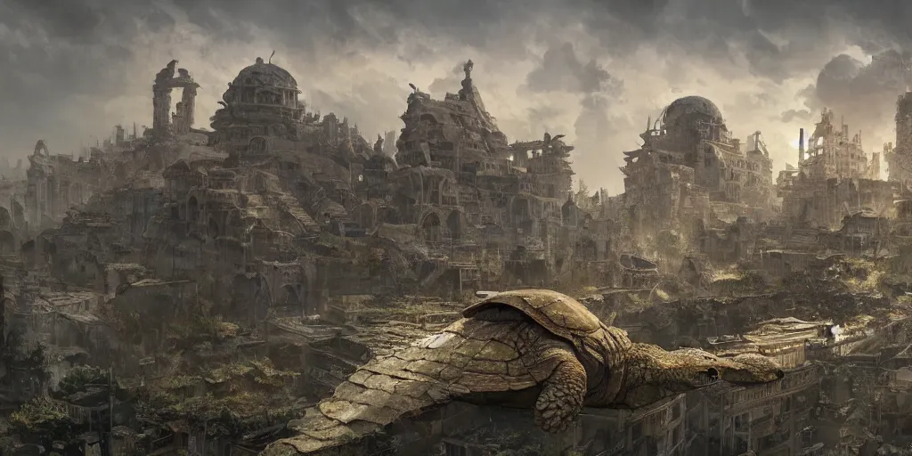 Image similar to abandoned city built on the back of a huge ancient turtle, greg rutkowski, 8 k, shallow depth of field, intricate detail, concept art,