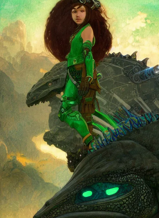 Image similar to portrait of a little cyborg warrior girl character sitting on top of a giant armored dinosaur bird flying in space, epic character with dark skin and beautiful green eyes. the girl has a very beautiful detailed symmetrical face, long black hair. diffuse night light, dramatic landscape, fantasy illustration, matte painting by mucha