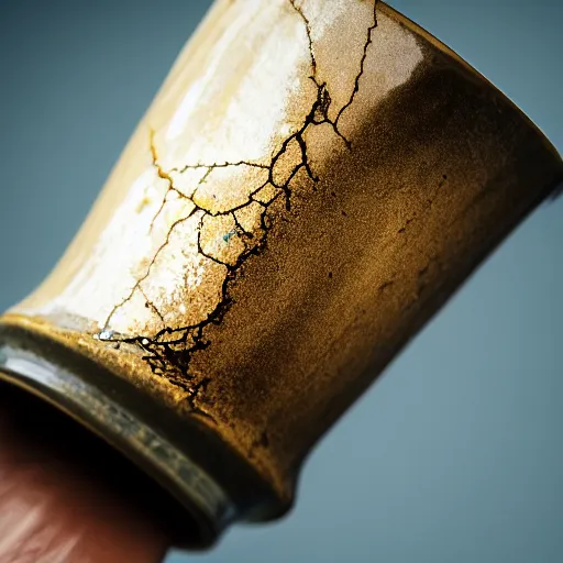 Prompt: photo of a cracked ceramic cup repaired with gold, kintsugi, kitchen counter, natural light, beautiful, cinematic, high detail,