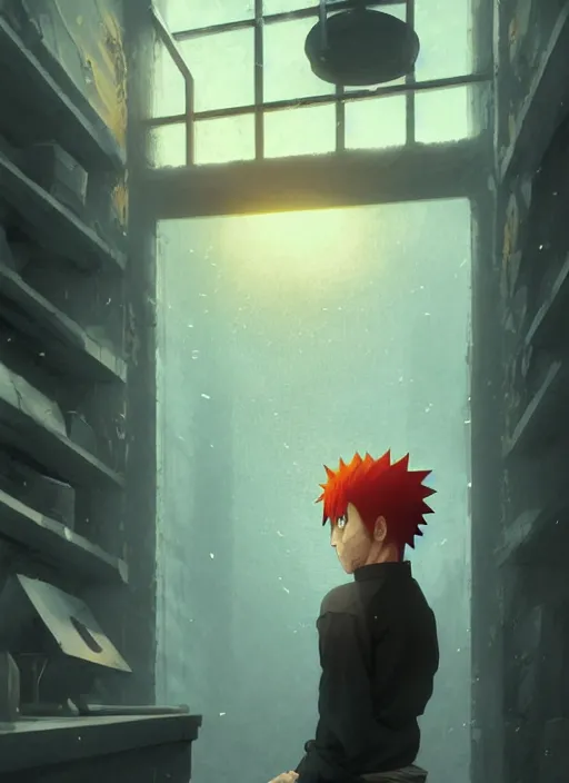 Image similar to highly detailed prison cell with naruto uzumaki with black hair, bars in window, hitting a wall, art by greg rutkowski, loish, rhads, ferdinand knab, makoto shinkai and lois van baarle, ilya kuvshinov, rossdraws, tom bagshaw, global illumination, radiant light, detailed and intricate environment