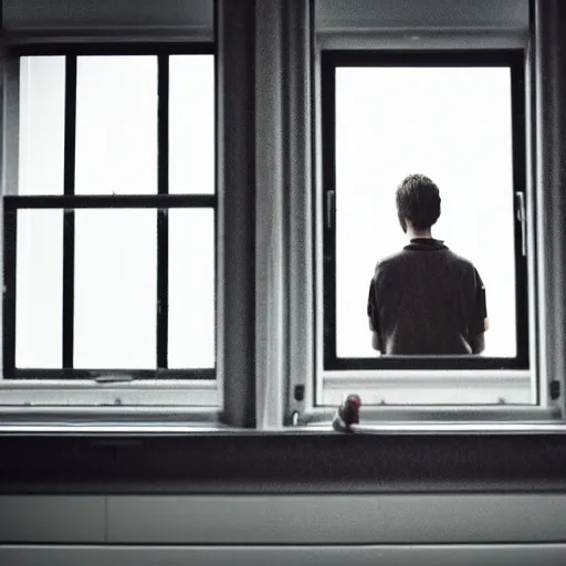 Image similar to a boy, 2 5 years old, numb, hopeless, sitting alone in front of the window, evening time, gloomy, sunset, boy staring at the window, very sad emotion, extremely realistic, 4 k, hd