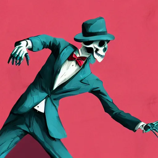 Prompt: a skeleton in sunglasses and an elegant suit dancing, digital art, teal and red color palette, gray dungeon background, very realistic, artstation, by greg rutkowski