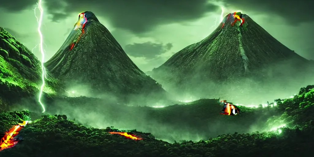 Prompt: boundary of two lands, green wild jungle vs dark mountain with lava, magic and lightning, epic, fantasy, D&D, intricate, highly detailed, sharp focus, cinematic lighting