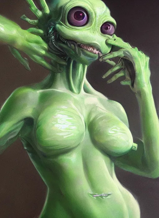 Image similar to portrait of my waifu cute innocent green slimy alien creature with adorable uwu eyes, it has several human arms out stretched to grab me. painted by greg rutkowski, wlop,,