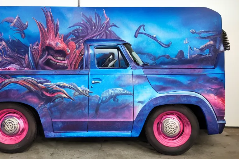 Prompt: a wide shot photo of a dark blue metallic 1 9 7 2 chevy g 1 0 panel van parked in a garage with an awesome airbrushed scene of a monster made of colorful coral reef emerging from the sea, 8 0 s synthwave, airbrushed, trapper keeper, lightning, explosions, creature design, monster, dinosaur, sony 2 4 mm f 8. 0