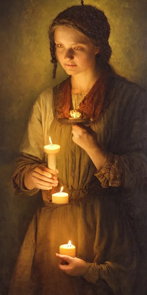 Image similar to Highly detailed and cinematic romantic period oil painting of a medieval peasant girl holding a candle, strong atmosphere, oil painting masterpiece by Josep Tapiró Baró, symmetry, fractals