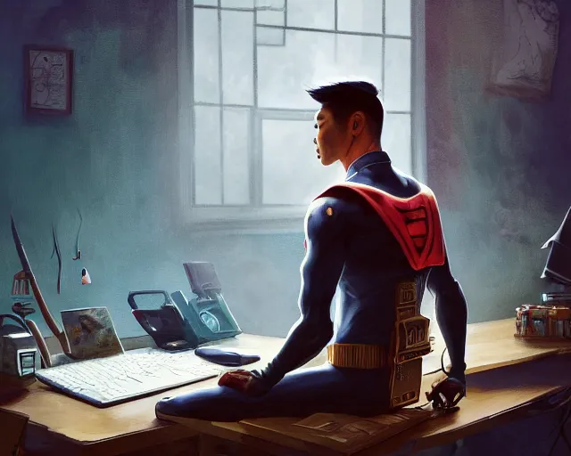 Image similar to an insanely detailed painting of an asian man wearing a homemade superhero costume, sitting at a desk, staring at the nervously at the computer and typing, in the style of peter mohrbacher, dramatic lighting and composition, surreal background, octane render, pixar, trending on artstation, concept art, comic book, view from behind