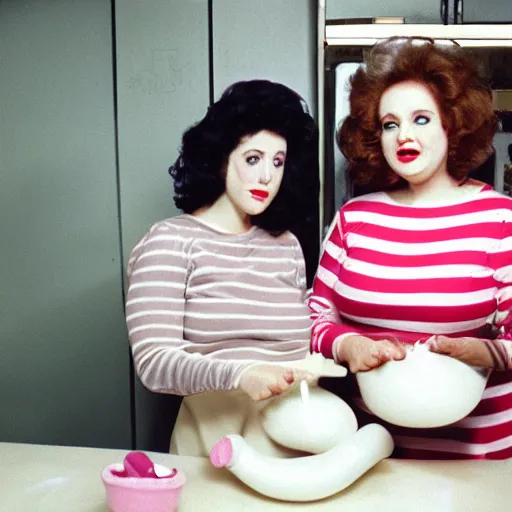 Image similar to 1985 two curvy women in a vintage kitchen baking a cake wearing an inflatable long prosthetic snout nose made of gooey pink slime, soft color wearing stripes sitting on chairs covered in soft fabric, pink slime everywhere, grey striped walls, studio lighting 1985 color film archival footage holding a hand puppet that looks like Caspar the Friendly Ghost, 16mm Russ Meyer John Waters Almodovar Doris Wishman