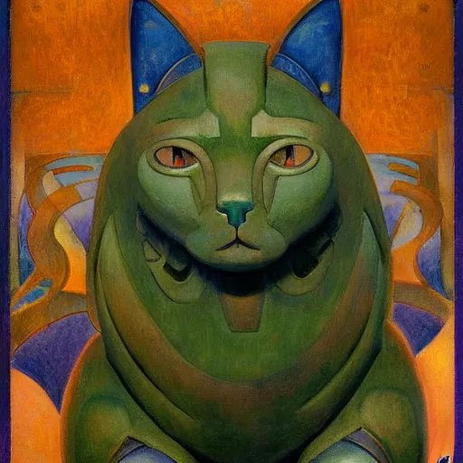 Image similar to ornate robot cat, by annie swynnerton and diego rivera and nicholas roerich and jean delville, symbolist, dramatic lighting, elaborate geometric ornament, art brut, colors are soft greens and blues and purple, smooth, sharp focus, extremely detailed, adolf wolfli and ( donato giancola )