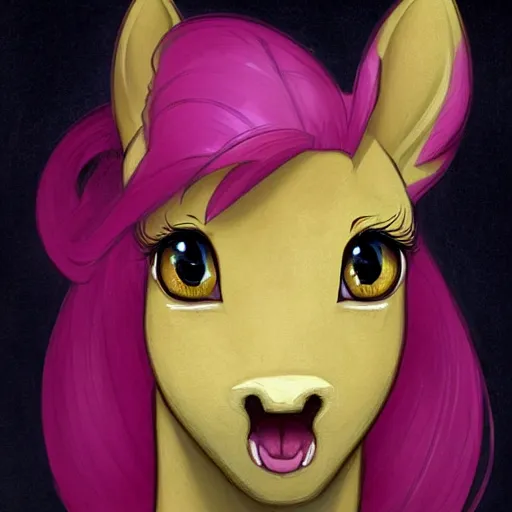 Image similar to portrait of a menacing beautiful Fluttershy, pegasus mare, short muzzle, top half of body, My Little Pony, by Stanley Artgerm Lau , greg rutkowski, thomas kindkade, alphonse mucha, loish, norman rockwell, J. C. Leyendecker. bright pink mane, yellow fur, angry complexion, beautiful detailed eyes, black rose frame. D&D, fantasy. Trending on artstation rule of thirds extremely detailed old illustration hd 4k