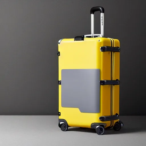 Prompt: one yellow coffee mug similar to a rimowa aluminium suitcase, full of steaming coffee
