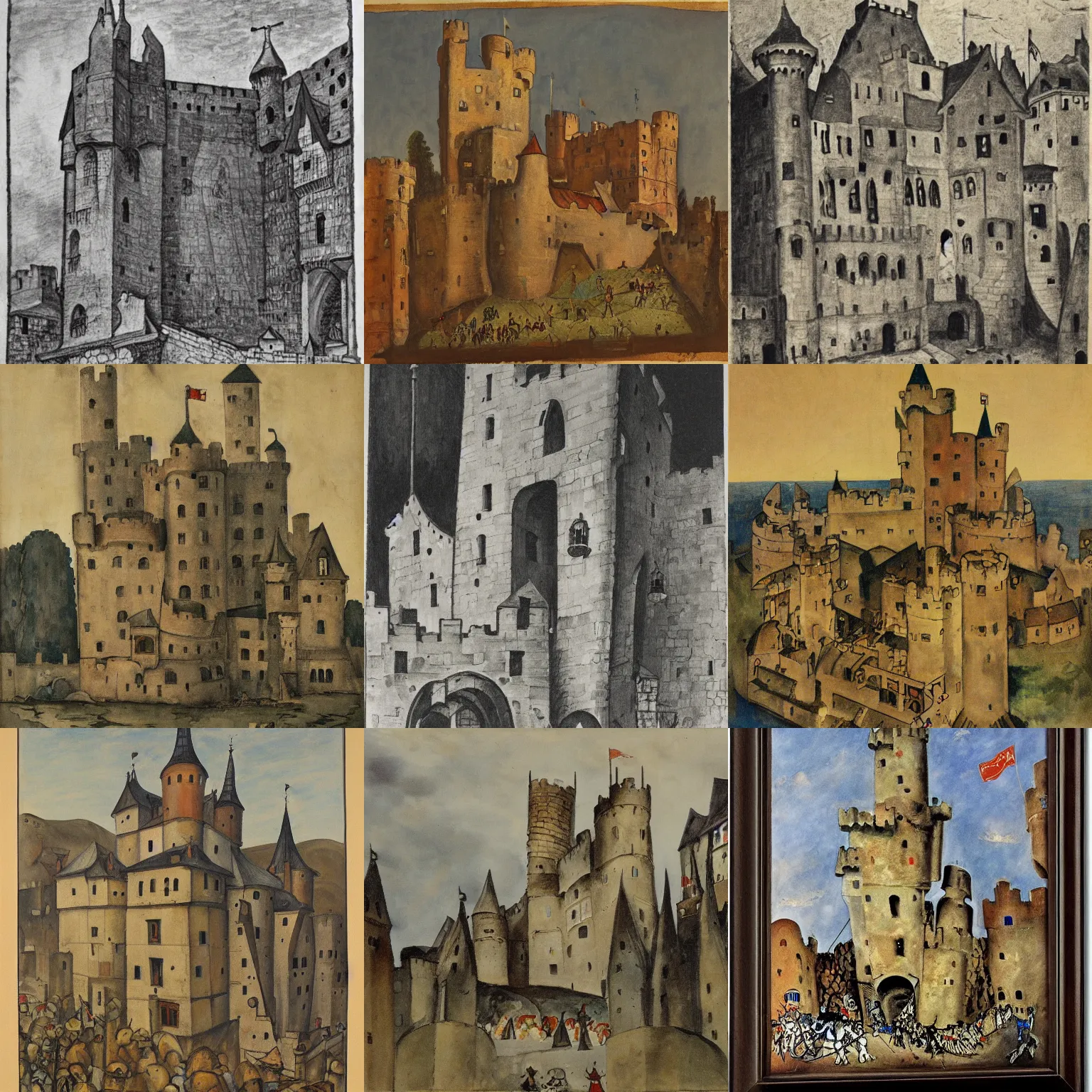 Prompt: medieval castle, by george grosz