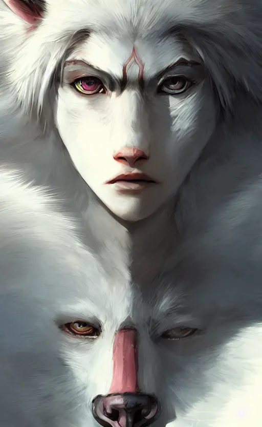 Prompt: Princess Mononoke, standing next to Moro the white wolf, close up portrait by loish and WLOP, octane render, dynamic lighting, asymmetrical portrait, dark fantasy, trending on ArtStation