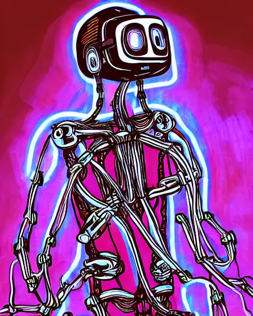 Image similar to xsullo digital painting of cyberpunk skeleton tethered to a bunch of wires and cords and chains wearing a vr headset neon glowing painting