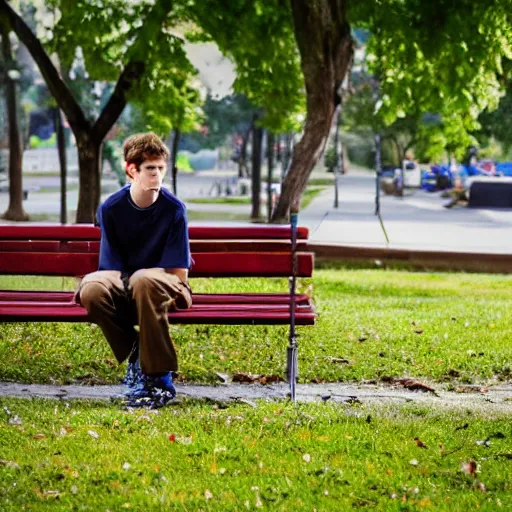 Prompt: photo of sad teenage andrew garfield sitting on a bench in a park, two sticks near bench, wearing shirt and trousers, street of moscow, shallow depth of field, cinematic, 8 0 mm, f 1. 8