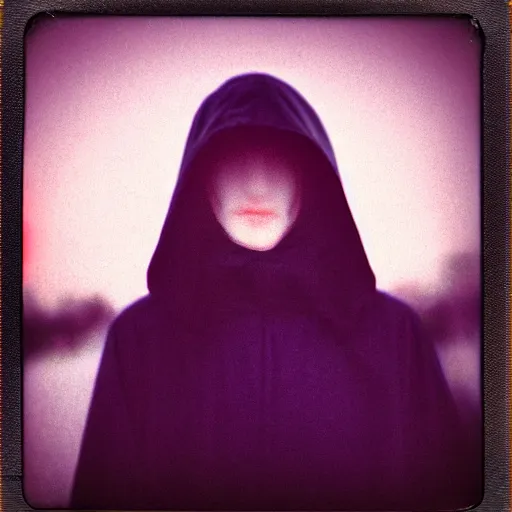 Prompt: selfie of a creepy hooded figure blurred face in the busy street of Night Vale, sunset, violet tones, polaroid photo, by Warhol,