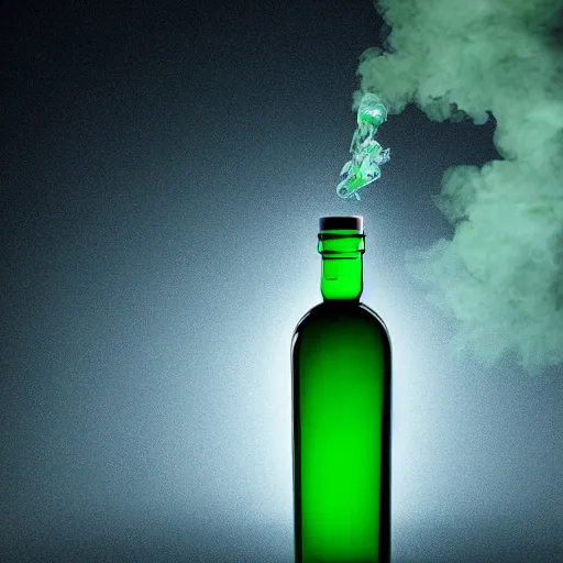 Image similar to https://s.mj.run/RjUUimhi8wU hyper-realistic photo of a green absinthe bottle surrounded by blue smoke swirling around, unreal engine, cinematic, hyper-realistic, DOF