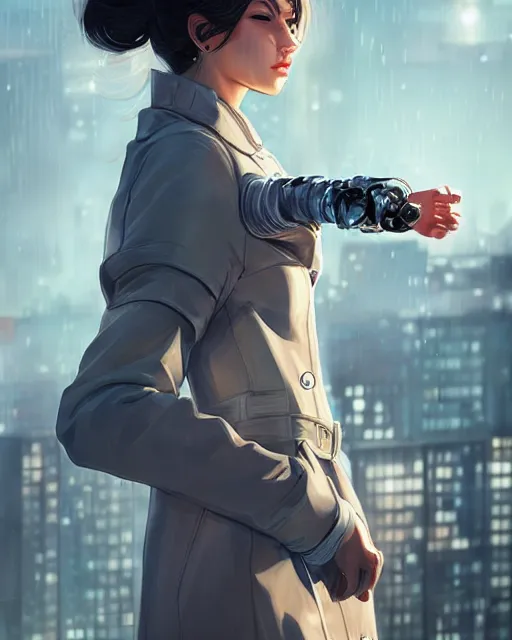 Image similar to photorealistic character portrait of a beautiful half cyborg woman with a mischievous look, the half cyborg woman is wearing a long trench coat, in a rooftop scene, character portrait in the style of Artgerm and NeoArtCorE, rooftop scene by Liam Wong