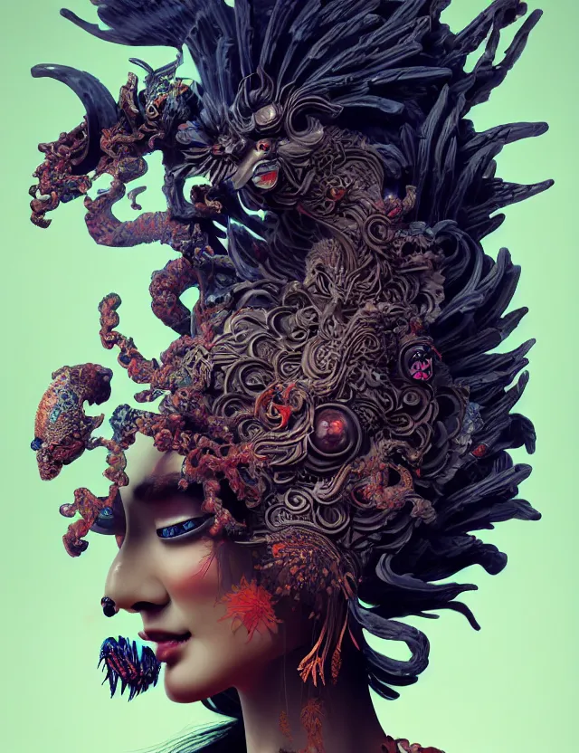 Image similar to 3 d goddess of hell close - up profile portrait with ram skull. beautiful intricately detailed japanese crow kitsune mask and clasical japanese kimono. betta fish, jellyfish phoenix, bio luminescent, plasma, ice, water, wind, creature, artwork by tooth wu and wlop and beeple and greg rutkowski