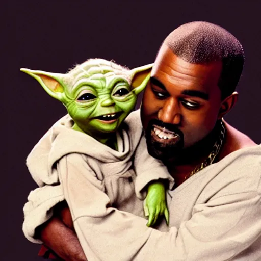 Image similar to kanye west smiling and holding yoda for a 1 9 9 0 s sitcom tv show, studio photograph, portrait