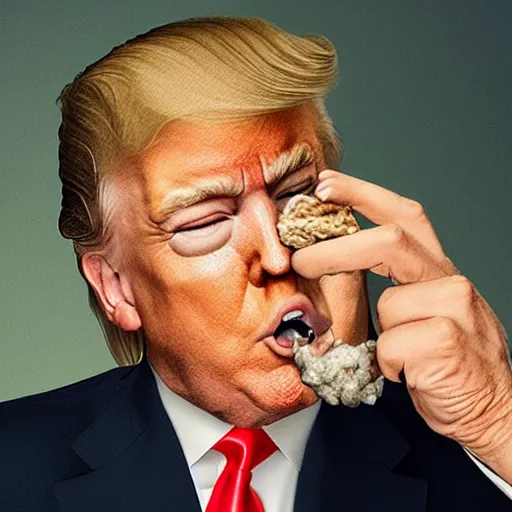 Prompt: close - up portrait of donald trump eating a small nuclear bomb, by annie liebowitz