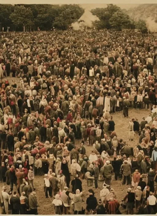 Image similar to photograph of people gathered in preparation for the end of the world all of their mouths are agape.