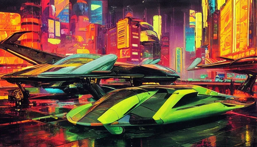 Prompt: Retro futuristic flying cars in a vibrant colourful futuristic cityscape, neon bright lights reflecting on the wet rainy surface, sci-fi concept art, by Syd Mead, highly detailed, oil on canvas