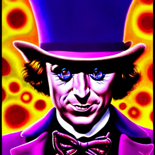 Image similar to An extremely psychedelic portrait of willy wonka, surreal, LSD, face, detailed, intricate, elegant, lithe, highly detailed, digital painting, artstation, concept art, smooth, sharp focus, illustration, art by Jason Edmiston