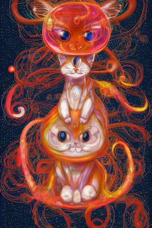 Image similar to Recursive image with a well rounded Calico feline, large eyes, shiny soft fur, anatomically correct, surrounded by swirling wisps of jelly, oil pastels and gold, anime, cartoon, in the style of Victo Ngai, modeled in Poser, Redshift render, UHD