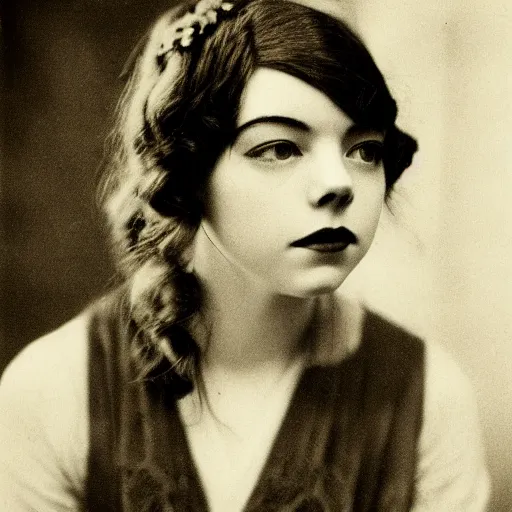 Prompt: headshot edwardian photograph of anya taylor - joy, emma stone, 1 9 2 0 s film actress, realistic face, ethereal, 1 9 1 0 s, grainy, victorian, soft blur