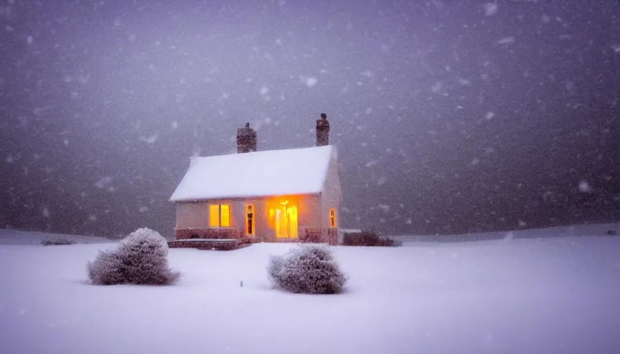 Image similar to A Desolate Cottage with light emitting from it snowed in in a wonderful winter landscape. Blizzard, Heavy snow falling, Snowstorm, Light Haze, Magical Lighting