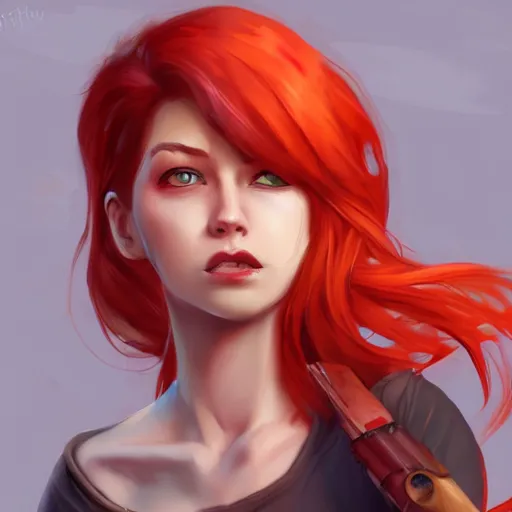 Image similar to a concept art of a girl with red hair holding a gun, highly detailed, digital painting, artstation, concept art, smooth, sharp focus, illustration