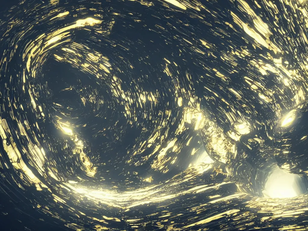 Prompt: an oceon of fluid gold falls down in a swirl into a singular big massive dark black center of gravity, perspective wide angle view, impressive, intricate, futuristic, 8 k, unreal engine 5, 3 d animation, big depth of field, by ridley scott, by j. j. abrams