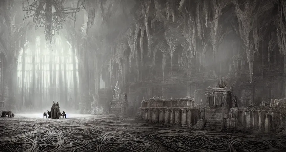 Image similar to king of the wolves - fantasy, inside the king's hall wolves and their treasures, ethereal, ominous, misty, 8 k, by h. r. giger and greg rutkowski, the last guardian by fumito ueda - elden ring