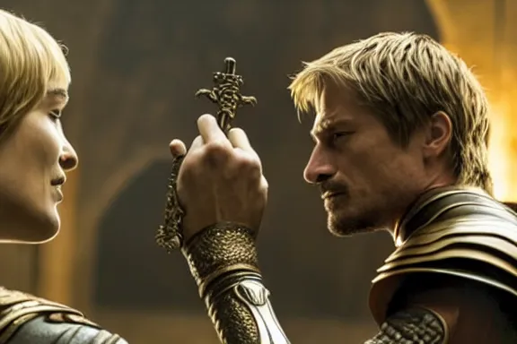 Image similar to very very intricate photorealistic photo of jaime lannister defeating cersei, photo is in focus with detailed atmospheric lighting, award - winning details