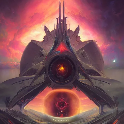 Image similar to satanic spaceship in front of synthwave stargate by peter mohrbacher and emmanuel shiu and martin johnson heade and bastien lecouffe - deharme